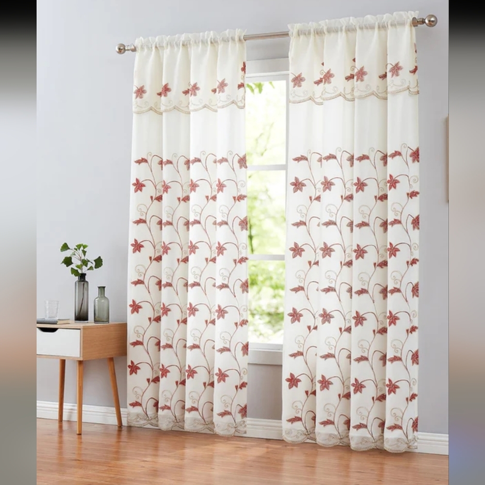 Elegant Floral Embroidered Curtain. Beige and Red With Valance.  2 Pannels 54×84